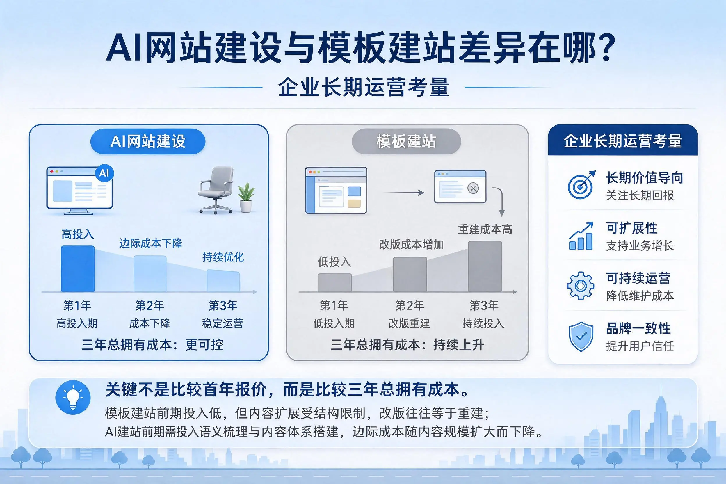 AI网站建设与模板建站差异在哪?白银企业长期运营考量